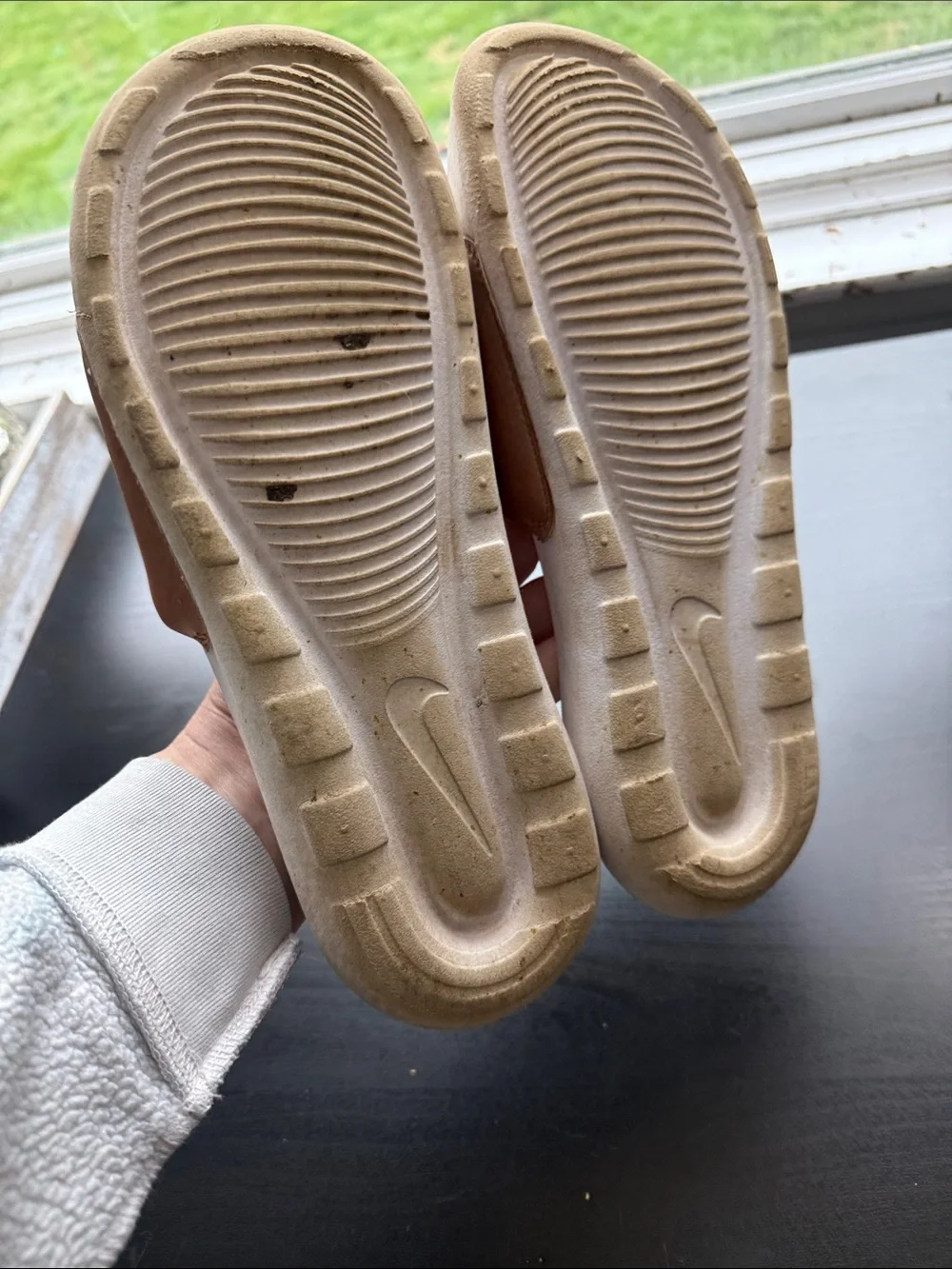 Nike Slides in Metallic Rose Gold and White